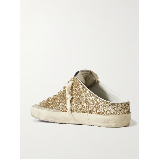 Super-Star Sabot distressed leather-trimmed glittered suede slip-on sneakers