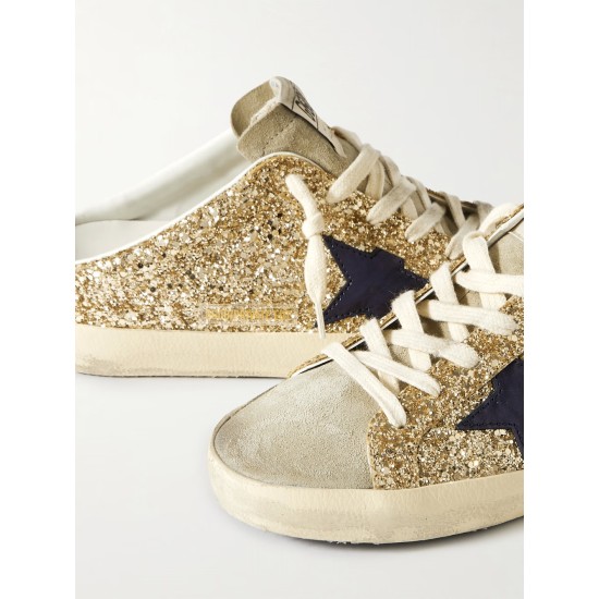 Super-Star Sabot distressed leather-trimmed glittered suede slip-on sneakers