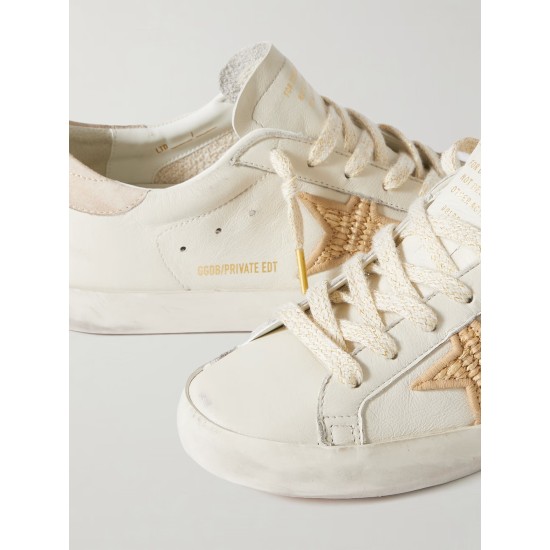Super-Star raffia-trimmed distressed leather sneakers