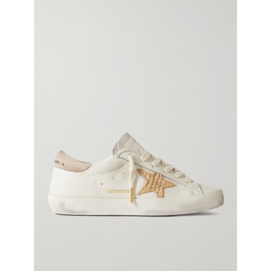 Super-Star raffia-trimmed distressed leather sneakers