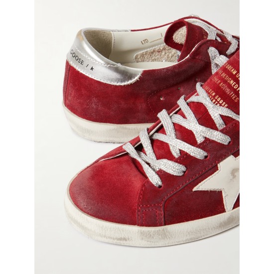 Super-star distressed metallic leather-trimmed suede sneakers