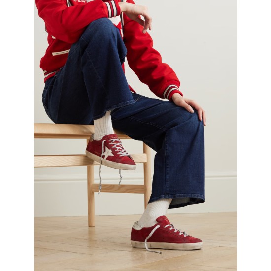 Super-star distressed metallic leather-trimmed suede sneakers