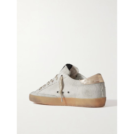 Super-Star suede and metallic leather-trimmed distressed canvas sneakers