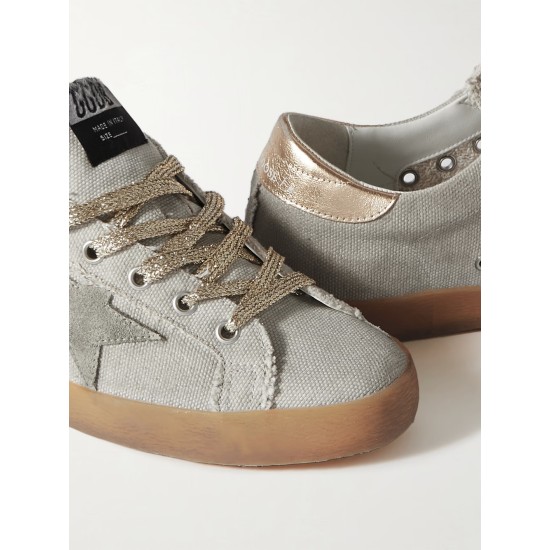Super-Star suede and metallic leather-trimmed distressed canvas sneakers