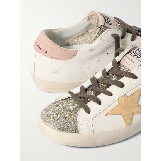 Super-Star distressed suede-trimmed glittered leather sneakers