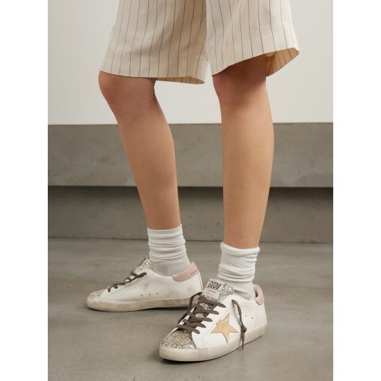 Super-Star distressed suede-trimmed glittered leather sneakers