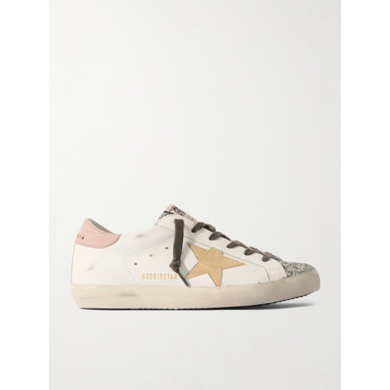 Super-Star distressed suede-trimmed glittered leather sneakers
