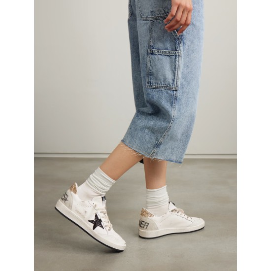 Ball Star distressed glittered suede-trimmed leather sneakers