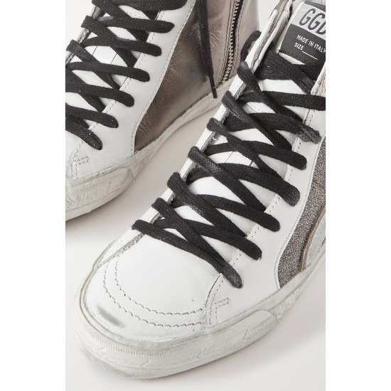 Slide distressed suede-trimmed leather and Lurex high-top sneakers