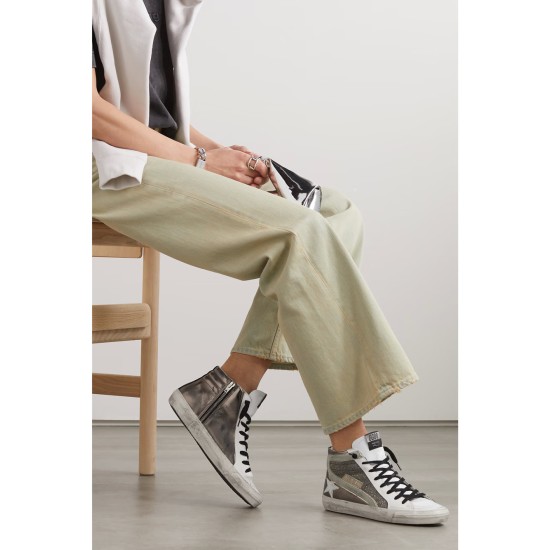 Slide distressed suede-trimmed leather and Lurex high-top sneakers