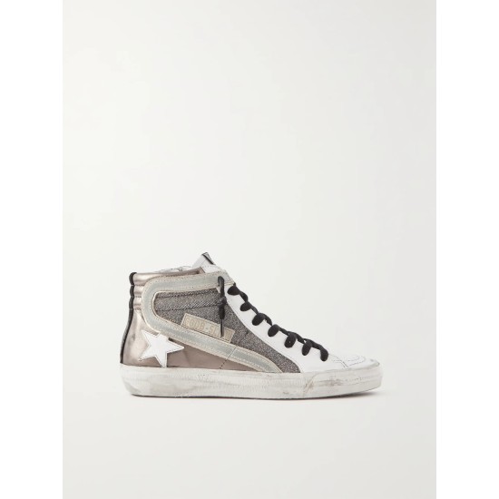 Slide distressed suede-trimmed leather and Lurex high-top sneakers