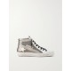 Slide distressed suede-trimmed leather and Lurex high-top sneakers