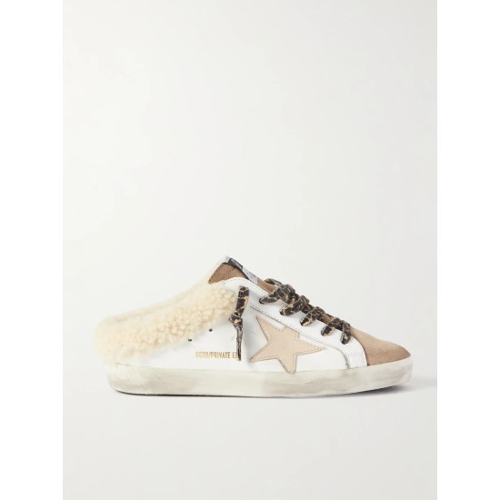 Superstar Sabot shearling-lined distressed leather and suede slip-on sneakers