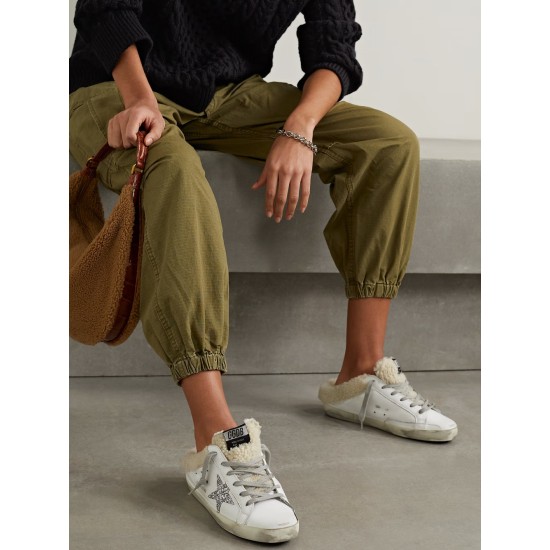 Superstar Sabot shearling-lined distressed glittered leather slip-on sneakers