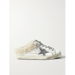 Superstar Sabot shearling-lined distressed glittered leather slip-on sneakers