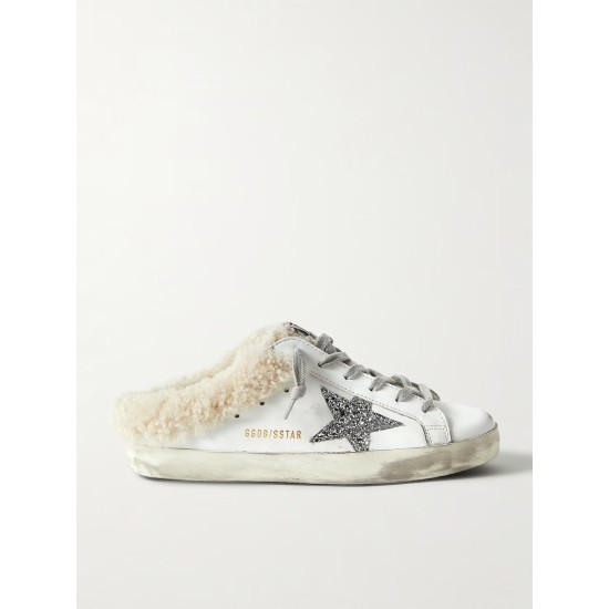 Superstar Sabot shearling-lined distressed glittered leather slip-on sneakers