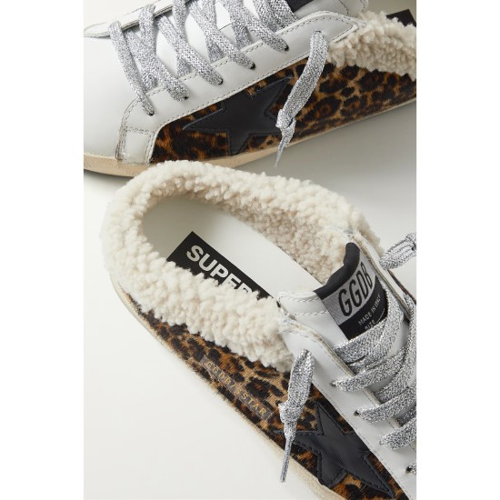 Superstar Sabot shearling-lined distressed leopard-print calf hair and leather slip-on sneakers