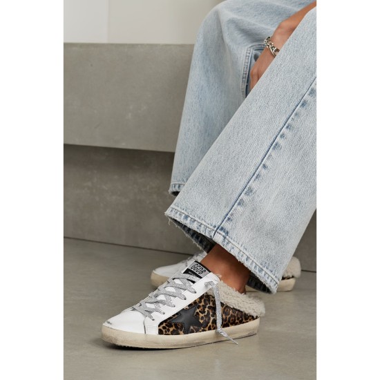 Superstar Sabot shearling-lined distressed leopard-print calf hair and leather slip-on sneakers