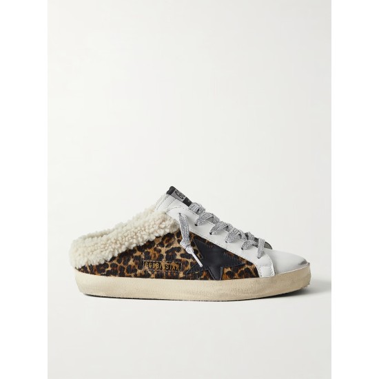 Superstar Sabot shearling-lined distressed leopard-print calf hair and leather slip-on sneakers