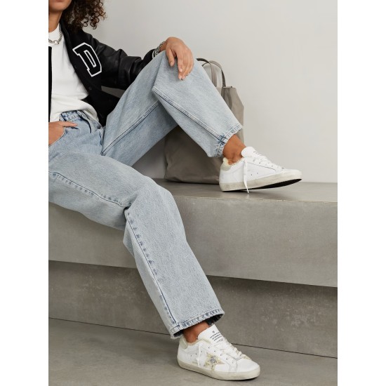 Superstar shearling-lined distressed glittered leather sneakers