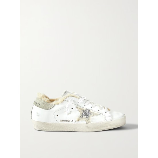 Superstar shearling-lined distressed glittered leather sneakers
