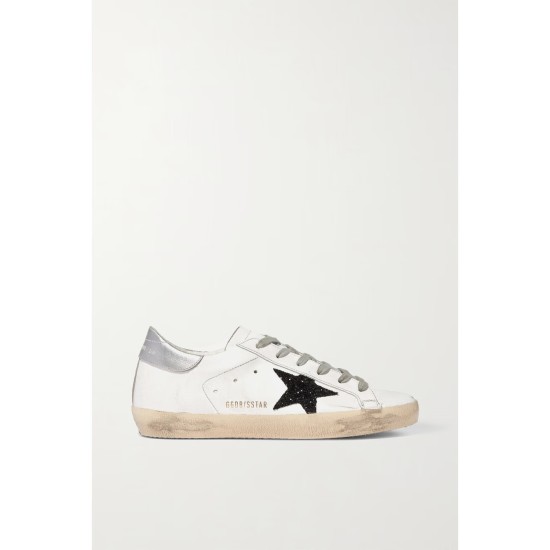 Superstar glittered distressed leather sneakers