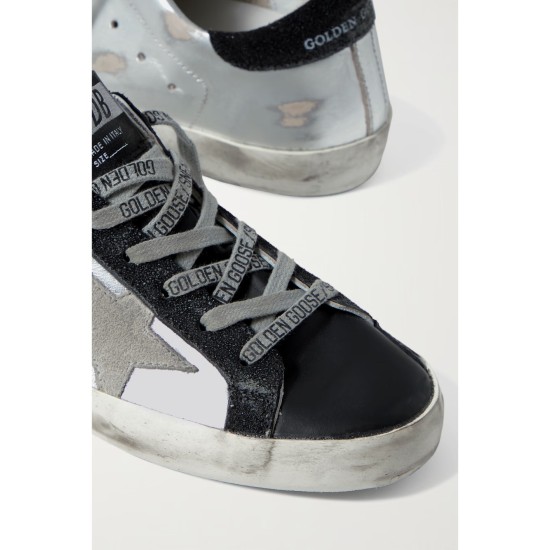 Superstar metallic distressed leather and suede sneakers