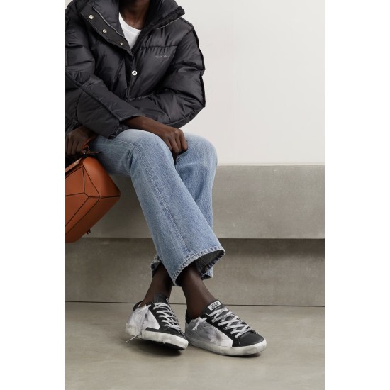 Superstar metallic distressed leather and suede sneakers