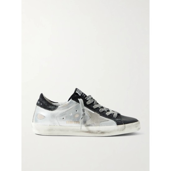 Superstar metallic distressed leather and suede sneakers