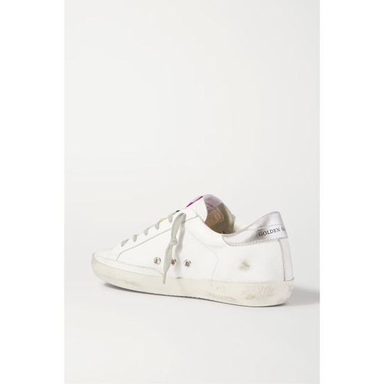 Superstar bead-embellished distressed leather and suede sneakers