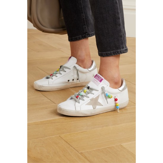 Superstar bead-embellished distressed leather and suede sneakers