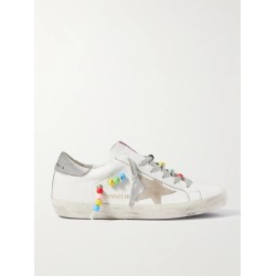 Superstar bead-embellished distressed leather and suede sneakers