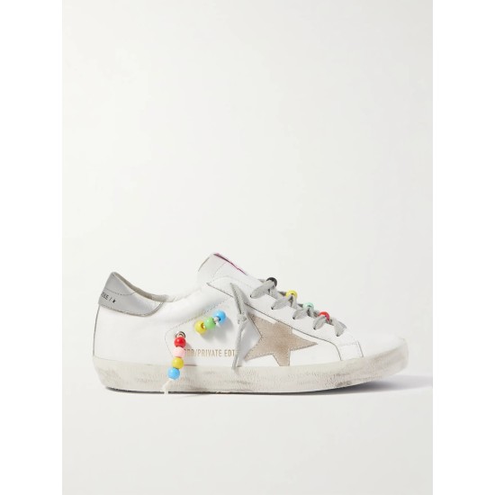 Superstar bead-embellished distressed leather and suede sneakers
