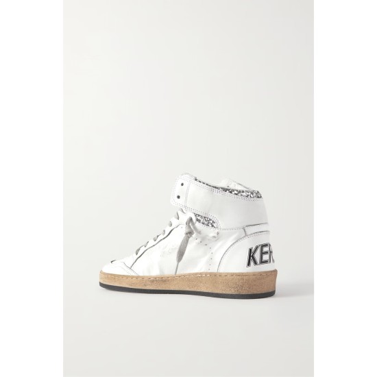Sky-Star distressed glittered leather high-top sneakers