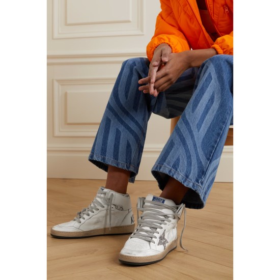 Sky-Star distressed glittered leather high-top sneakers