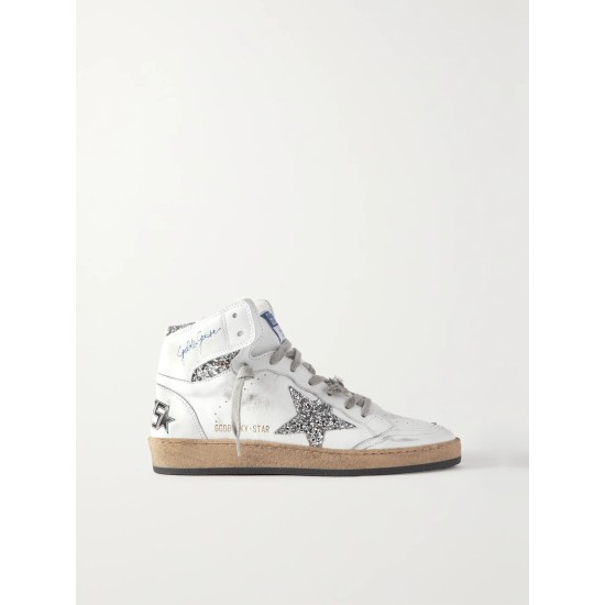 Sky-Star distressed glittered leather high-top sneakers