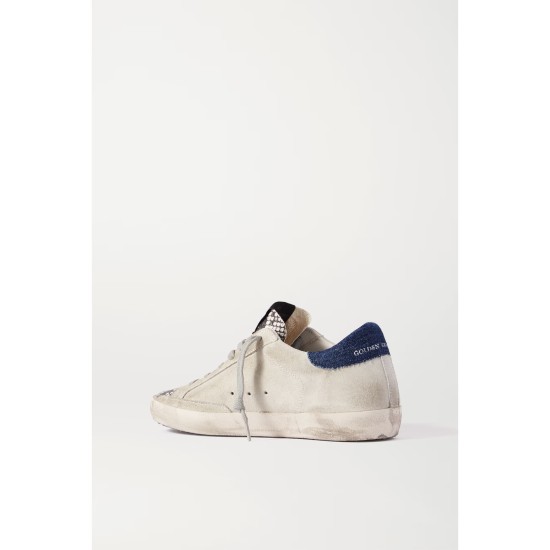 Superstar denim-trimmed distressed snake-effect leather and suede sneakers