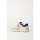 Superstar denim-trimmed distressed snake-effect leather and suede sneakers