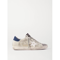 Superstar denim-trimmed distressed snake-effect leather and suede sneakers