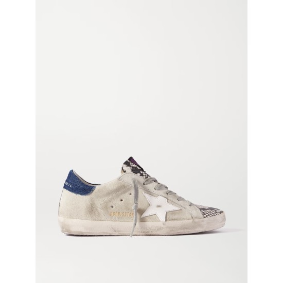 Superstar denim-trimmed distressed snake-effect leather and suede sneakers