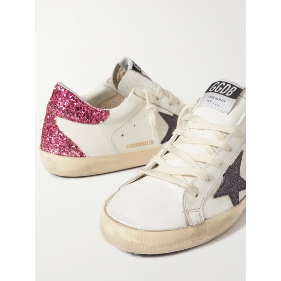 Superstar distressed glittered leather sneakers