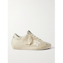 Super-Star metallic leopard-print distressed leather and suede sneakers