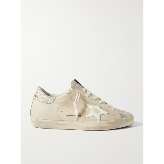 Super-Star metallic leopard-print distressed leather and suede sneakers