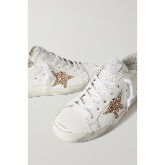 Super-Star embellished distressed glittered leather sneakers
