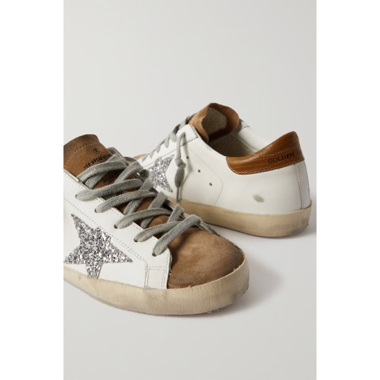 Superstar glittered distressed leather and suede sneakers