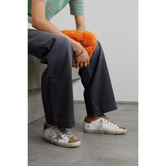 Superstar glittered distressed leather and suede sneakers