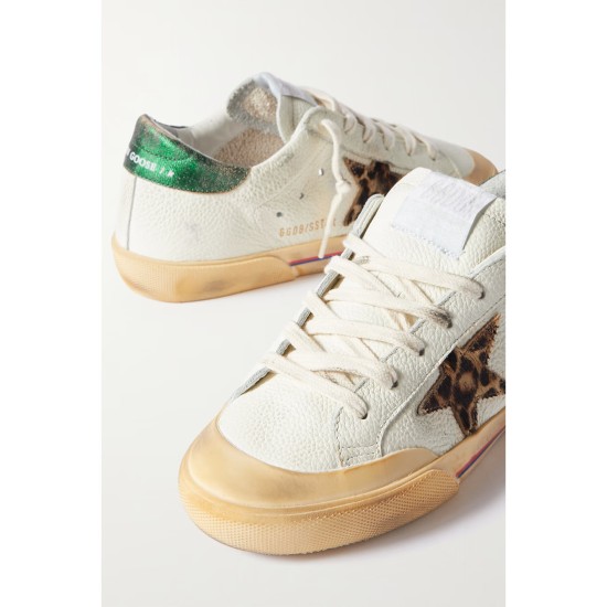 Superstar Penstar distressed leather, leopard-print-trimmed rubber sneakers