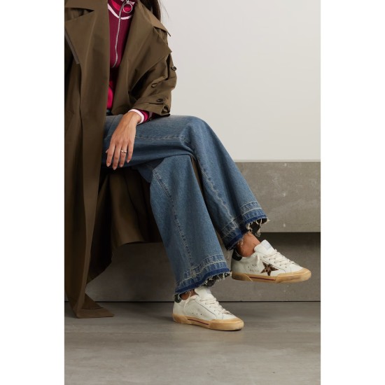 Superstar Penstar distressed leather, leopard-print-trimmed rubber sneakers