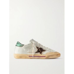 Superstar Penstar distressed leather, leopard-print-trimmed rubber sneakers