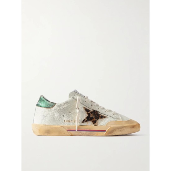Superstar Penstar distressed leather, leopard-print-trimmed rubber sneakers